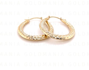 14K Gold Oval Twist Hoop Earrings: Graduated Small Scallop Hoops