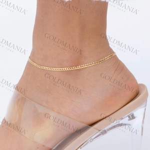 14K Solid Yellow Gold Curb Link Anklet Chain, 2.6 mm Thick, 10&quot; Inch, Real Gold Anklet, Ankle Bracelet, Ankle Jewelry, Women Anklet