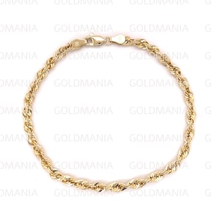 10K Yellow Gold Rope Chain Bracelet, 8&quot; Inch 4mm Thick, Real Gold Bracelet, Women, Hollow Gold Bracelet