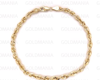 10K Yellow Gold Rope Chain Bracelet, 4mm, 8 Inch