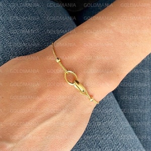 14K Yellow Gold Interlocking Ring Friendship Bracelet, 9.25&quot; Inch Adjustable, Real Gold Bracelet, Infinity Bracelet, Women Gold Bracelet