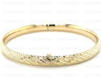 14K Yellow Gold Bangle Bracelet, Polished And Textured, X Pattern, 6mm Thick, 7" Inch, Stackable Bangle, Real Gold Bracelet, Women Bracelet