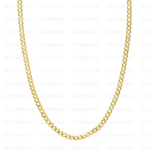 May include: A gold chain necklace with a curb link style. The chain is made of solid gold and has a polished finish.