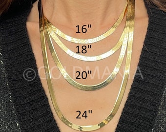 14K Solid Yellow Gold Herringbone Chain Necklace, 6mm Thick, 16" 18" 20" 24", Real Gold Necklace, Flat Gold Chain, Women Herringbone