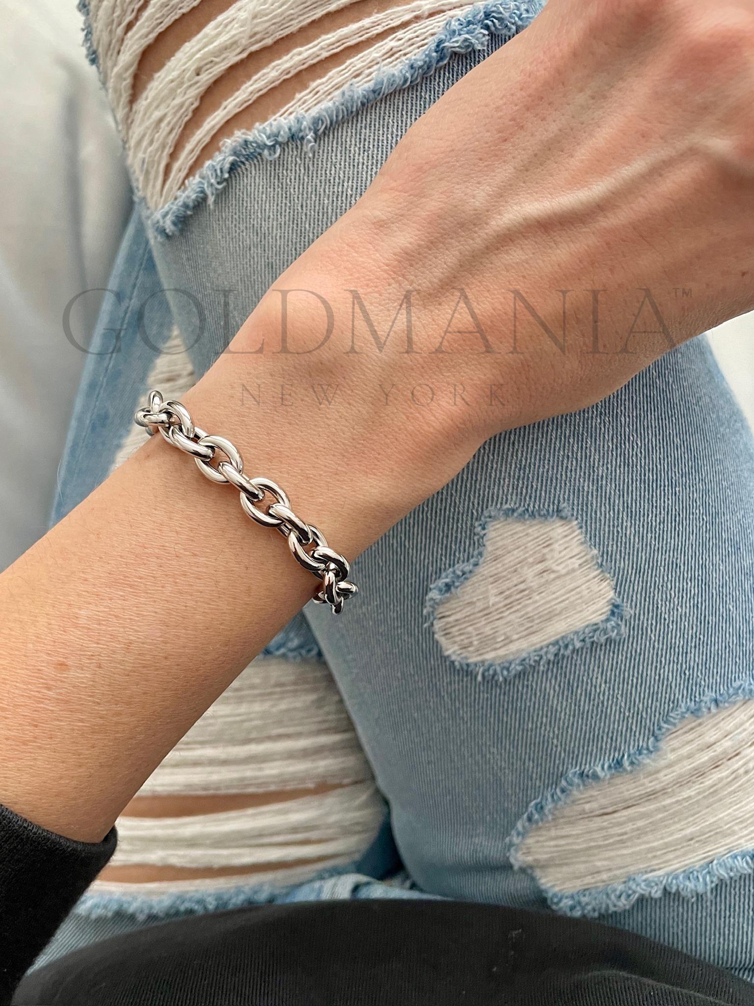Bracciale A Catena Rolo Ovale In Oro Bianco 14K 4,6 Mm Lunghezza 17,8 Cm Con Moschettone