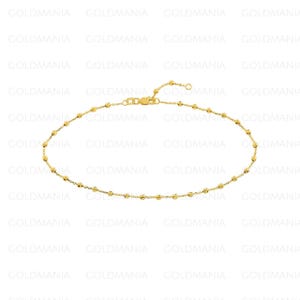 14K Solid Gold Bead Station Anklet, 10&quot; nch, 2.5mm Thick, Real Gold Anklet, Women