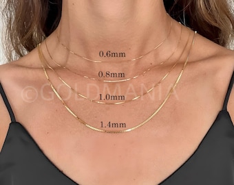 10K Solid Yellow Gold Box Chain Necklace, 16-30&quot; Inch, 0.5mm - 1.4mm Thick, Real Gold Chain, Gold Box Necklace, Solid Gold Box Chain, Women