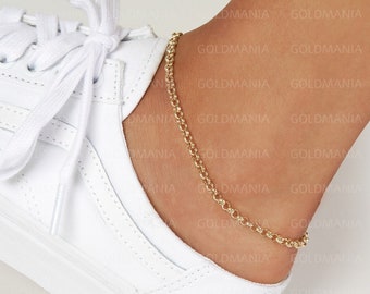 14K Yellow Gold Round Link Rolo Anklet Chain, 3.8mm Thick, 10" Inch, Real Gold Anklet, Ankle Bracelet, Ankle Jewelry, Gold Anklet, Women