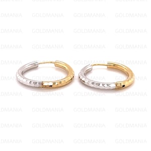 Two Tone 14K Gold Hoop Earrings, 15 x 2.5 mm, Yellow And White Gold, Diamond Cut