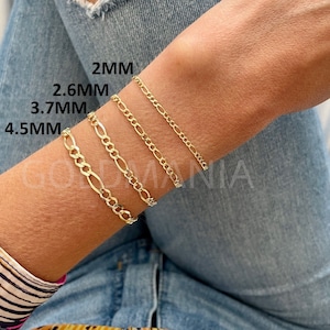 10K Solid Yellow Gold Figaro Link Chain Bracelet, Real Gold Bracelet, Women Gold Bracelet