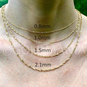 10K Solid Yellow Gold Singapore Chain Necklace, 16" 18" 20"  24" Inch, 0.8 mm 1.0 mm 1.5 mm 2.1 mm Thick, Real Gold Chain, Thin Chain, Women