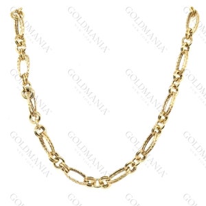 14K Gold 18" Double Oval And Round Link Chain Necklace For Her, Real Gold Chain, Textured And Polished Links, Women