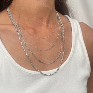 14K Solid White Gold Gourmette Curb Chain Necklace, 16" 18" 20" 22" 24" Inch, 1mm 1.5mm 2mm 3mm Thick, Real Gold Chain, Sturdy, Women Men