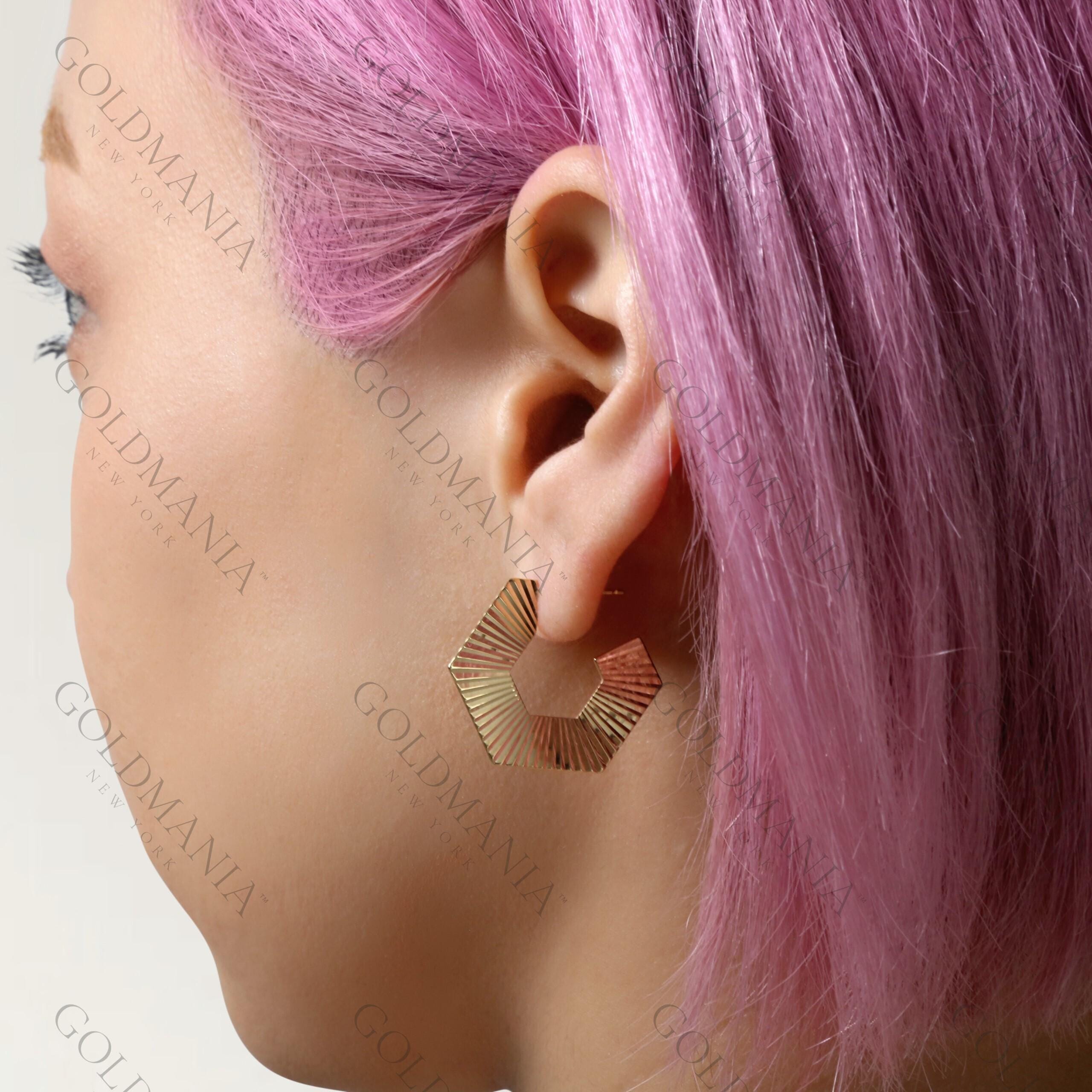 Boucles D'oreilles Créoles Hexagonales En Or 18 Carats Et Diamants - 14,5 Mm - Occasion Très Bon état