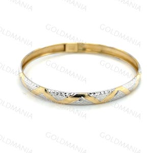 Bangle Bracelet, 10K Two Tone Gold Bangle, Textured Bangle, 6mm Thick, 7&quot; Inch, Stackable Bangle, Real Yellow And White Gold, For Women