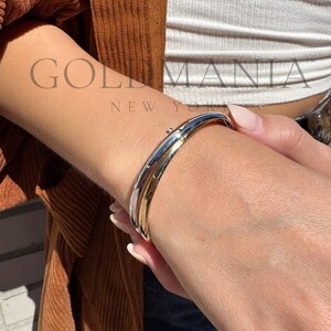 14K Two-Tone Gold Bypass Bangle Bracelet, Yellow and White Gold, Polished, Hinged image 5