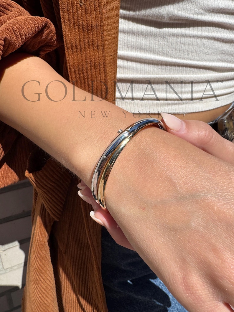 14K Two-Tone Gold Bypass Bangle Bracelet, Yellow and White Gold, Polished, Hinged image 5