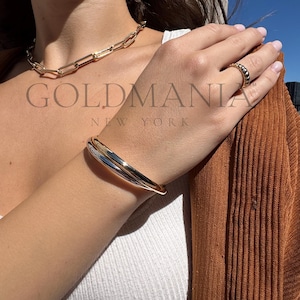 14K Two-Tone Gold Bypass Bangle Bracelet, Yellow and White Gold, Polished, Hinged image 4