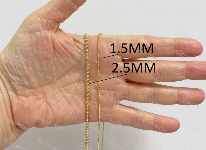 18K Solid Yellow Gold Ball Chain Necklace: 1.5mm or 2.5mm Thick image 3