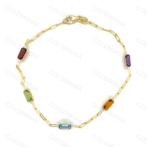14K Gelbgold Paperclip Edelstein Armband 17,8 cm, Granat Peridot Blautopas Citrin Amethyst, Echtgold Armband, Frauen, Birthstone Armband