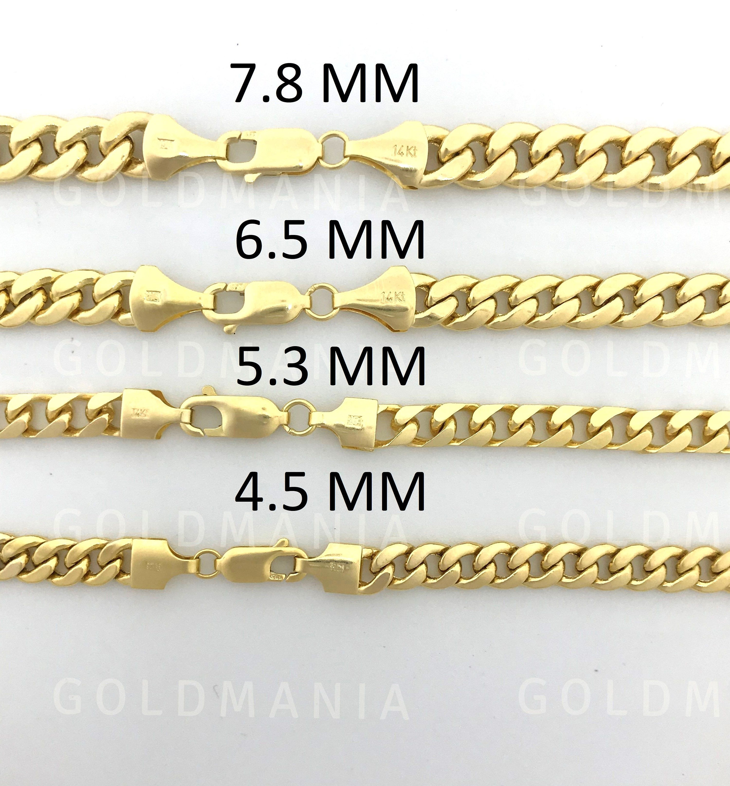 14Kイエローゴールド マイアミキューバンリンクチェーン：幅4.5～7.8mm