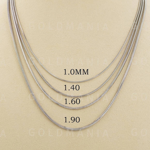 Collier chaîne serpent en or blanc 14 carats, or véritable, 1 mm-1,9 mm d'épaisseur (16-24 pouces)