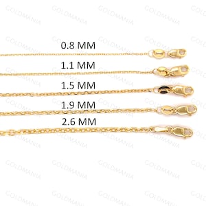 18K Solid Yellow Gold Diamond Cut Cable Chain Necklace, 0.8mm 1.1mm 1.5mm 1.9mm 2.6mm Thick, 16&quot; 18&quot; 20&quot; 24&quot; Inch, Real Gold Chain, Woman
