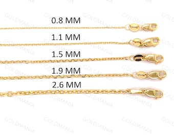 18K Solid Yellow Gold Diamond Cut Cable Chain Necklace (0.8mm-2.6mm)