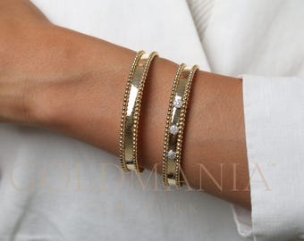 14k Gold und Diamant Manschette Armreif mit Perlenrand