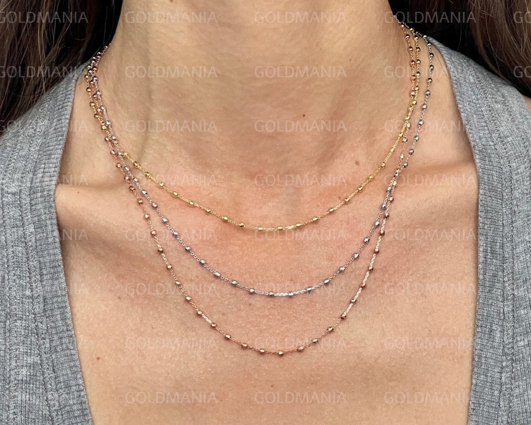 14K Solid Gold Diamond Cut Ball Station Necklace, 2.5mm Thick, 16 18 24, Real Yellow Rose White