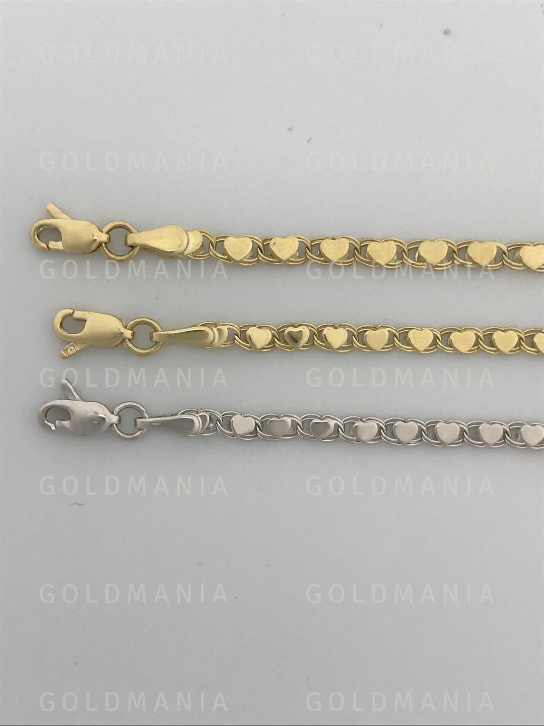 Solid 14K Gold Heart Link Chain Bracelet 5.5 7 Inch 2.9mm 3.3mm Thick