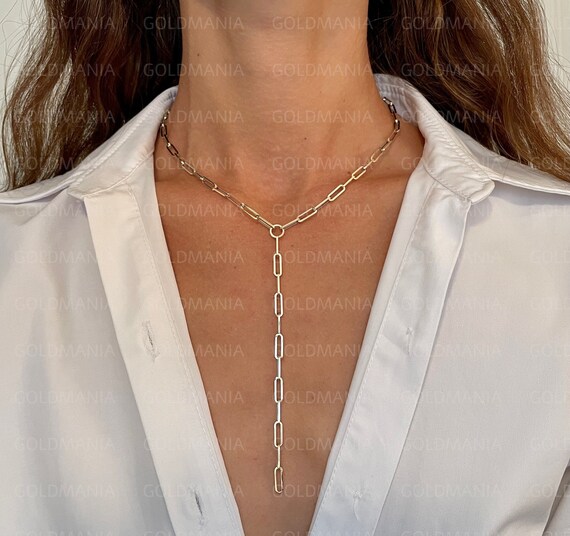 14K Yellow Gold Paperclip Lariat Chain Necklace, 17\