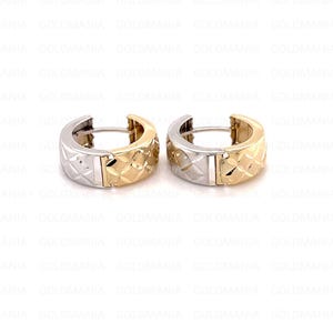 14K Two Tone Gold Reversible Huggie Hoops, Real Gold Earrings For Women, Yellow And White Gold, X Pattern Huggies, Textured Hoop Earring Set
