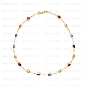 14K Yellow Gold Birthstone Anklet Chain, 10&quot; Inch, Garnet, Peridot, Blue Topaz, Citrine, Amethyst, Ankle Jewelry, Ankle Bracelet, Women