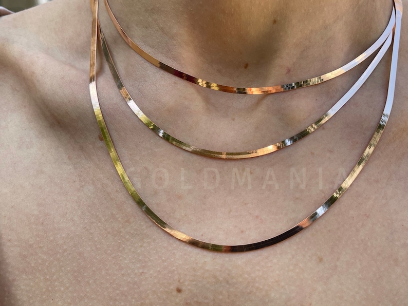 14K Solid Rose Gold Herringbone Chain Necklace 16 Etsy