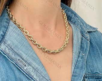14K Yellow Gold Oval Rolo Link Chain Necklace, 8.5 MM Thick, 18" Inch, Real Gold Chain, Belcher Necklace, Women