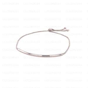 14K White Gold Curved Bar Friendship Bracelet, 9.25&quot; Adjustable, Bolo Bracelet, Real Gold Bracelet, Women Gold Bracelet