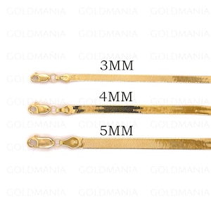10K Solid Gold Herringbone Chain Necklace, 16&quot; 18&quot; 20&quot; 22&quot; 24&quot; , 3mm 4mm 5mm Thick, Real Gold Chain, Flat Snake Chain Women