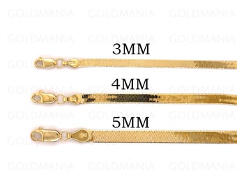 10K Solid Gold Herringbone Chain Necklace, 16&quot; 18&quot; 20&quot; 22&quot; 24&quot; , 3mm 4mm 5mm Thick, Real Gold Chain, Flat Snake Chain Women