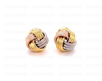 14K Gold Love Knot Studs, Tri-Color Studs, Three Row Polished And Textured, 10mm Thick, Yellow White Rose Gold, Small Love Knots, women