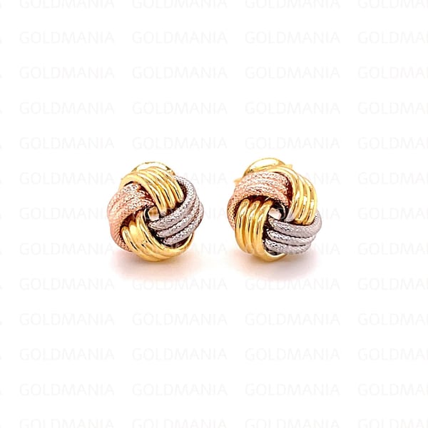 14K Gold Love Knot Studs, Tri-Color Studs, Three Row Polished And Textured, 10mm Thick, Yellow White Rose Gold, Small Love Knots, women