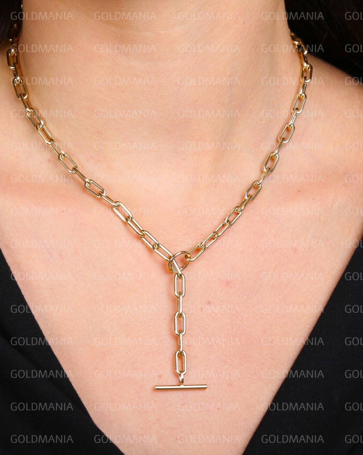 Delicate Dainty 14K Gold Drawn Cable Chain Toggle Clasp Necklace, on Trend Gold Toggle Necklace, Minimalist Toggle Closure Gold Necklace
