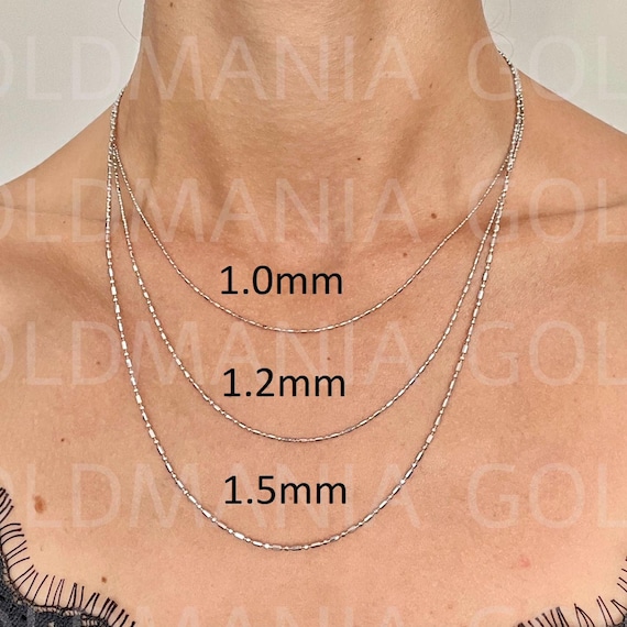 14K Solid White Gold Bar and Bead Chain Necklace: 1mm 1.2mm 1.5mm