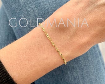 14K Solid Gold Singapore Chain Bracelet - Thin Twist Rope Bracelet
