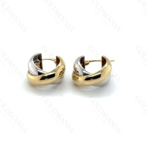14K Two Tone Gold Interlocking Hoop Earrings, Real Gold Chunky Earrings for Women, White and Yellow Gold, Small Polished Gold Earrings