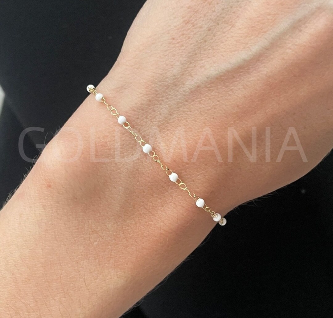 14K Yellow Gold and White Bead Chain Bracelet 7.50 Etsy