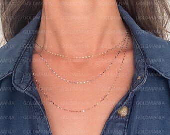 14K Gold Mirror Link Chain Necklace: Thin Sparkly Real Gold