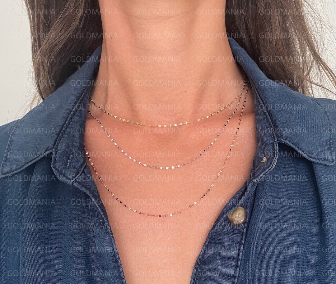 14K Gold Mirror Chain Necklace, 16 18 24, 1.4mm Thick, 14K Yellow White