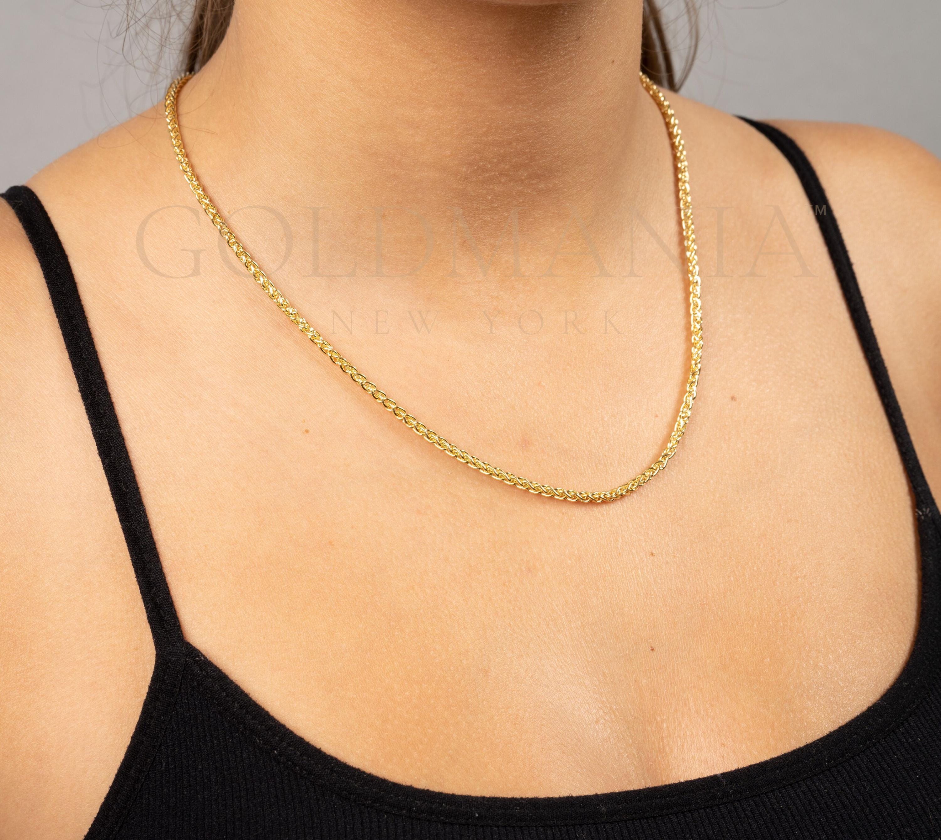 14K Yellow Gold Wheat Chain Necklace, Spiga, Polished Woven Links