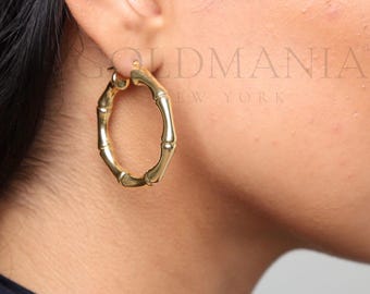 Pendientes de aro de bambú de 35 mm en oro amarillo de 14 quilates: Aros de oro auténtico